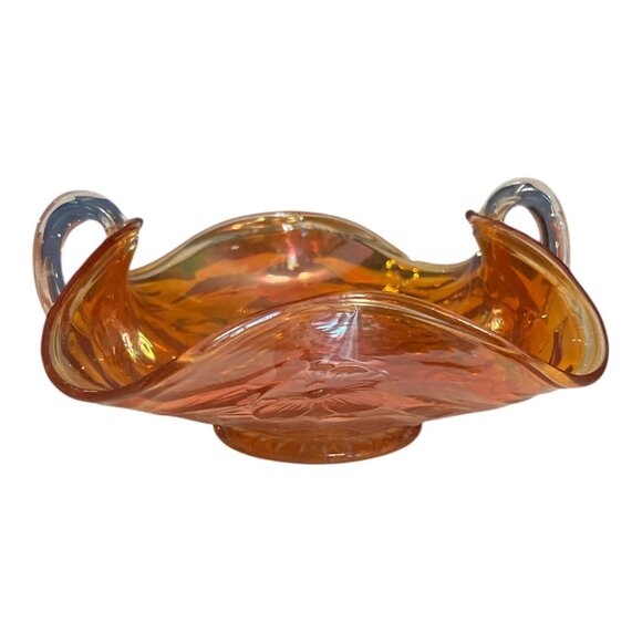 Vintage Iridescent Carnival Glass Style Dish with Clear Handles | Amber Ruffled - Picture 1 of 6